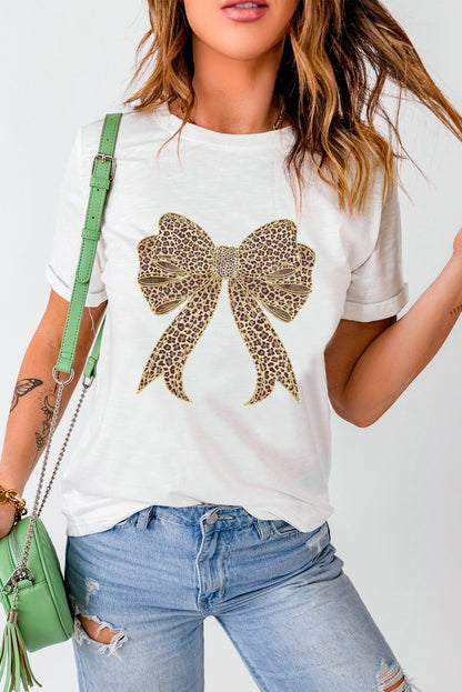 Leopard Bowknot Printed Crew Neck Tee