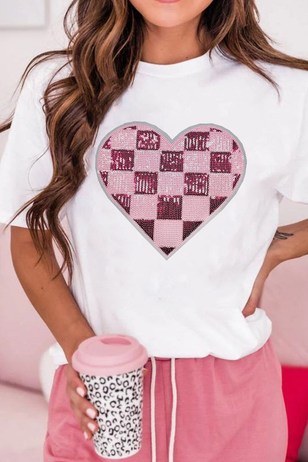 Valentine Heart Sequin Crew Neck Graphic T-Shirt