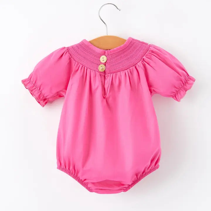 Girls Bow Smocking Embroidery Hot Pink Romper