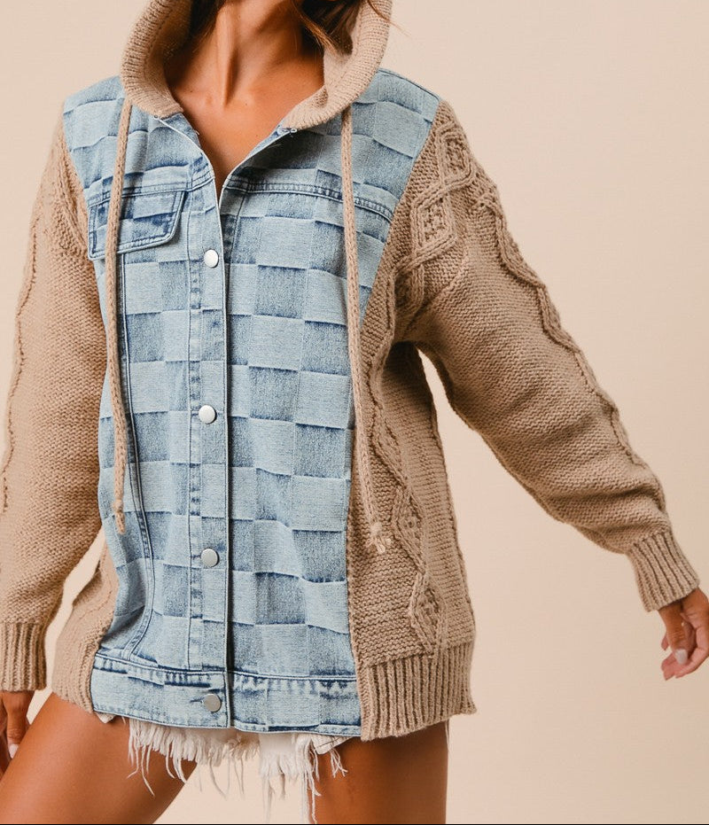 WASHED CHECKER DENIM AND SWEATER HOODED JACKET