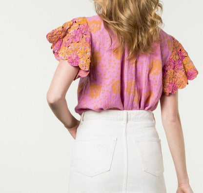 Handmade Flower Embellished Sleeve Top