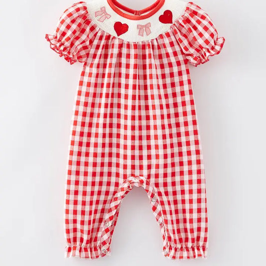 Girls Valentine's Day Heart Bow Smocking Embroidery Plaid Romper