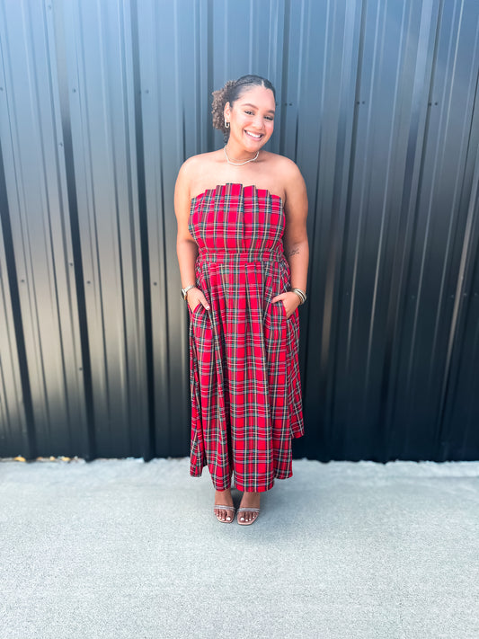 Plaid Strapless Midi Dress