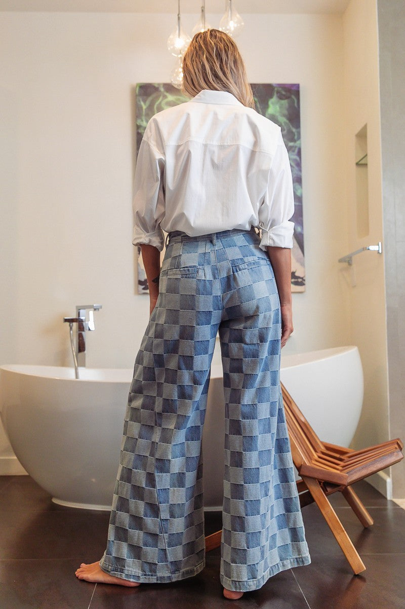 WASHED TWO TONE CHECKER WIDE PANTS