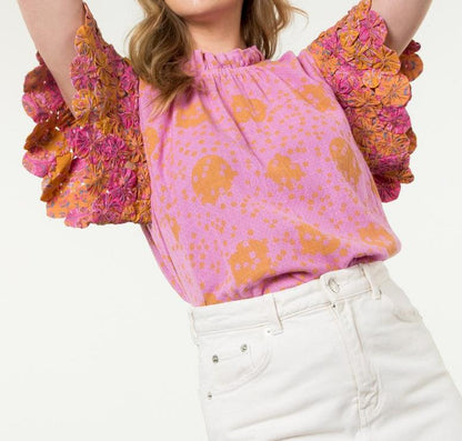 Handmade Flower Embellished Sleeve Top