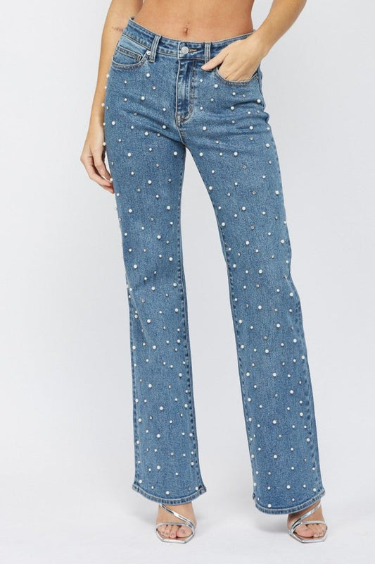 High Rise Wide Leg Jeans With Pearls