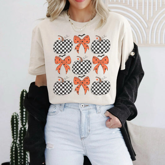 Checker Pumpkin Orange Bow Icons Tee