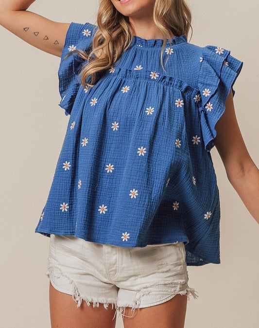 Blue Gauze Top With Daisy Embroidery