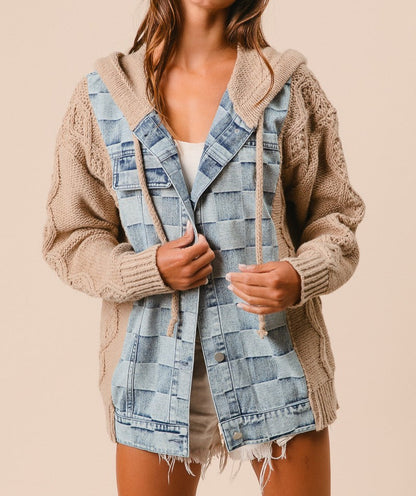 WASHED CHECKER DENIM AND SWEATER HOODED JACKET