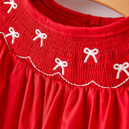 Girls Bow Smocking Embroidered Red Dress