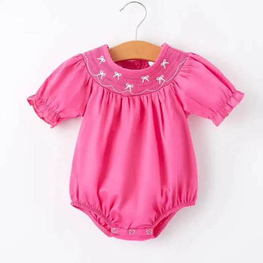 Girls Bow Smocking Embroidery Hot Pink Romper