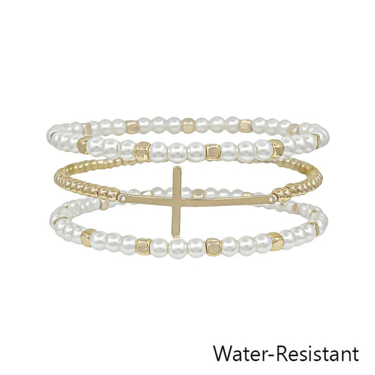 Water Resistant Gold Cross and Pearl Beaded Set of 3 Bracelets