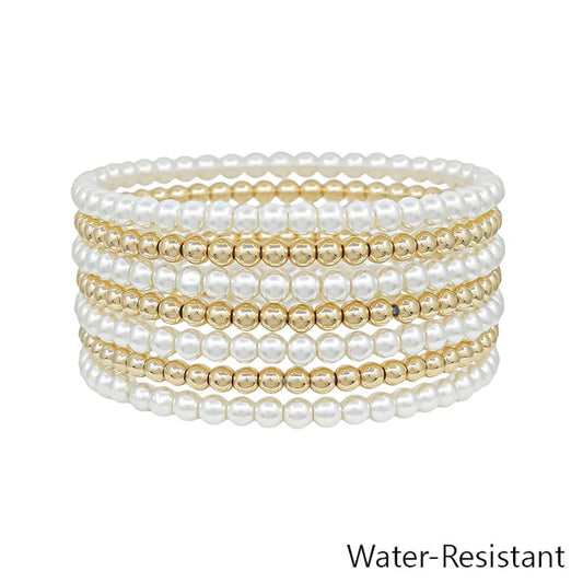Set of 7 Water Resistant Gold and Pearl Stretch Bracelet Set