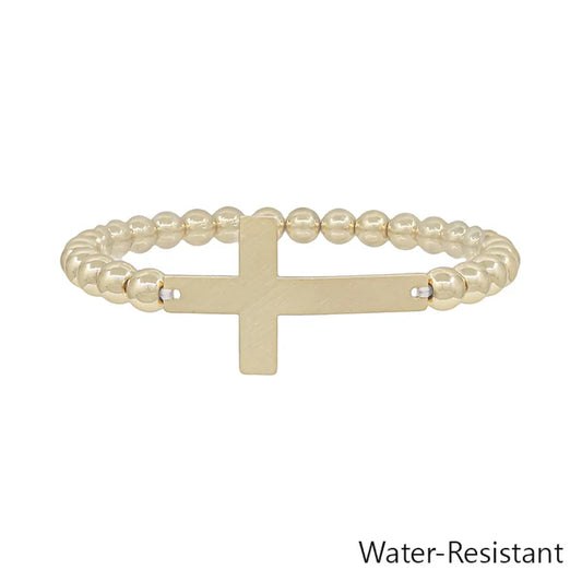 Water Resistant Cross and 6MM Beaded Stretch Bracelet