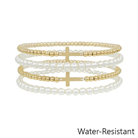 Water Resistant Set of 4 Cross and Pearl Beaded Stretch Bracelets