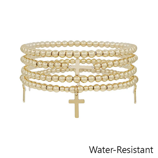 Water Resistant Set of 4 Cross Charm and Gold Beaded Bracelet Set