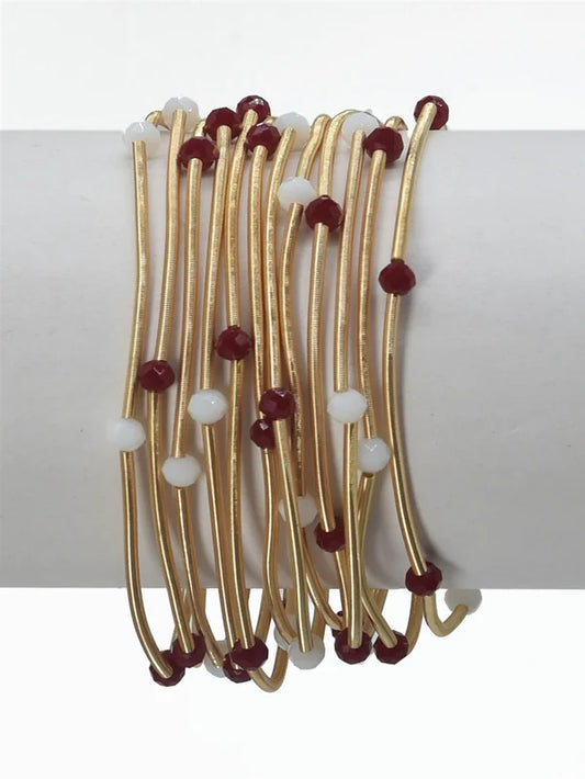 Set of 12 Gold Wired Stretch Bracelets with Maroon and White Gameday Crystal Accents