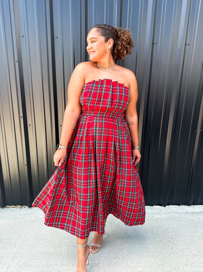 Plaid Strapless Midi Dress