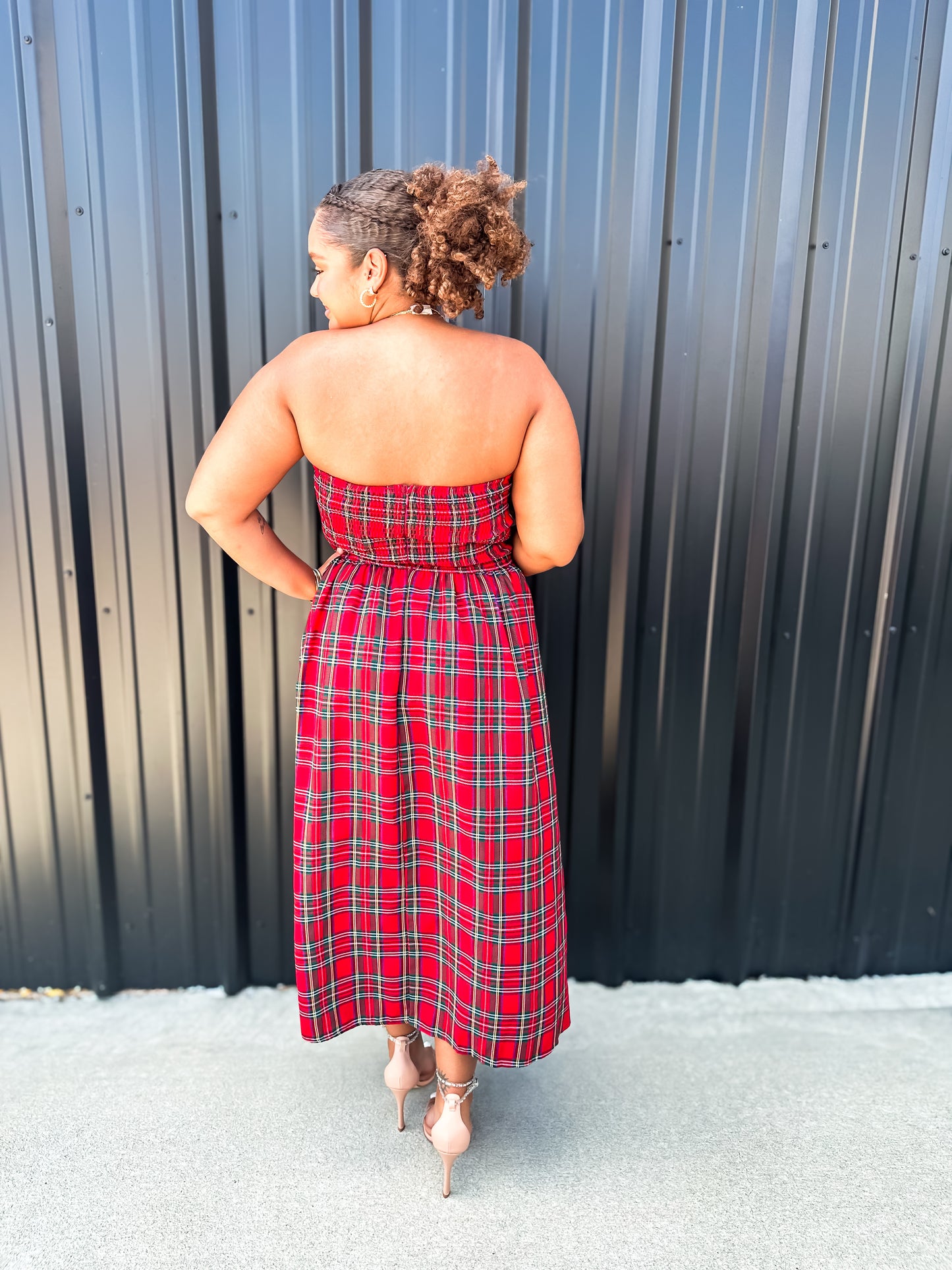 Plaid Strapless Midi Dress