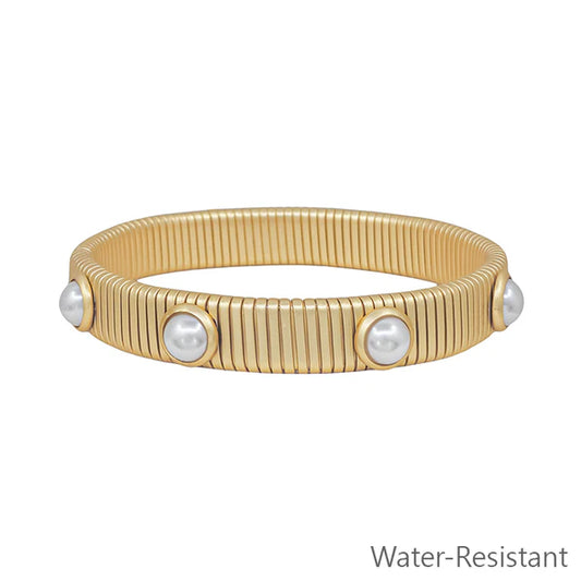 Water Resistant Ribbed Stretch Bracelet with Pearl Studded Accent
