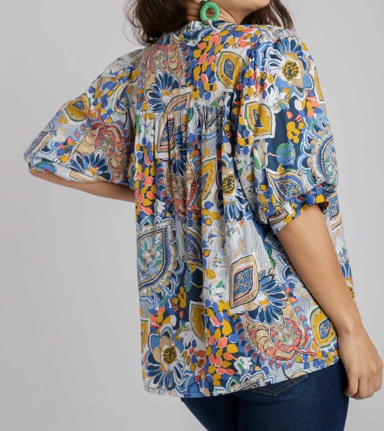 Mixed Print Top With Puff Sleeves - Brazos Avenue Market 