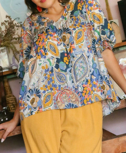 Mixed Print Top With Puff Sleeves - Brazos Avenue Market 