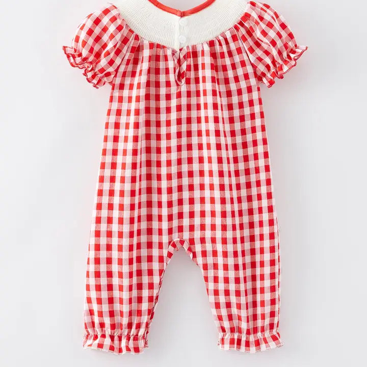 Girls Valentine's Day Heart Bow Smocking Embroidery Plaid Romper