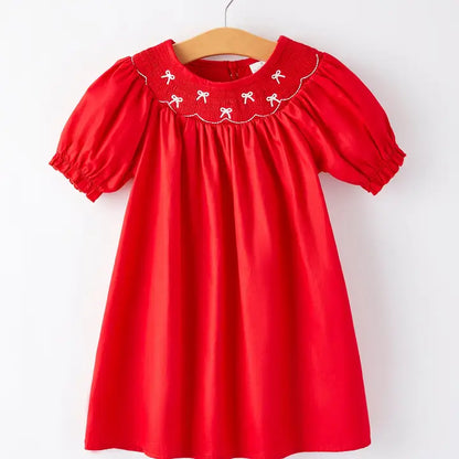 Girls Bow Smocking Embroidered Red Dress