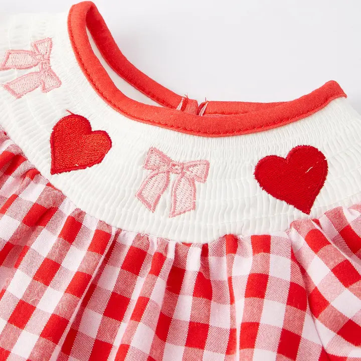 Girls Valentine's Day Heart Bow Smocking Embroidery Plaid Romper