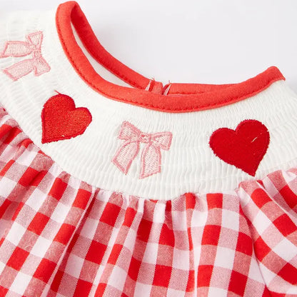 Girls Valentine's Day Heart Bow Smocking Embroidery Plaid Romper