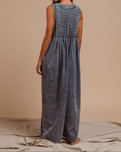 MINERAL WASHED PINTUCK JUMPSUIT WITH SIDE POCKET