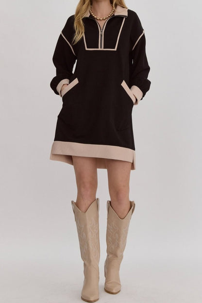 Black Ribbed Long Sleeve Dress