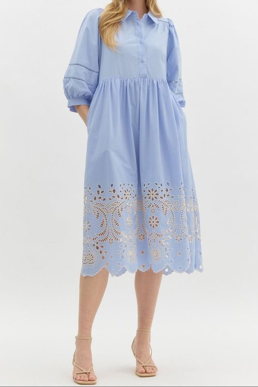 Chambray Eyelet Detail Midi Dress