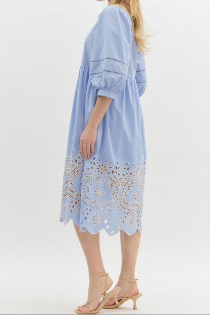 Chambray Eyelet Detail Midi Dress