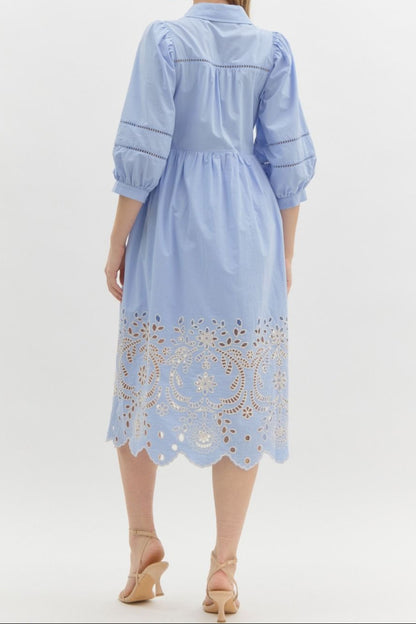 Chambray Eyelet Detail Midi Dress