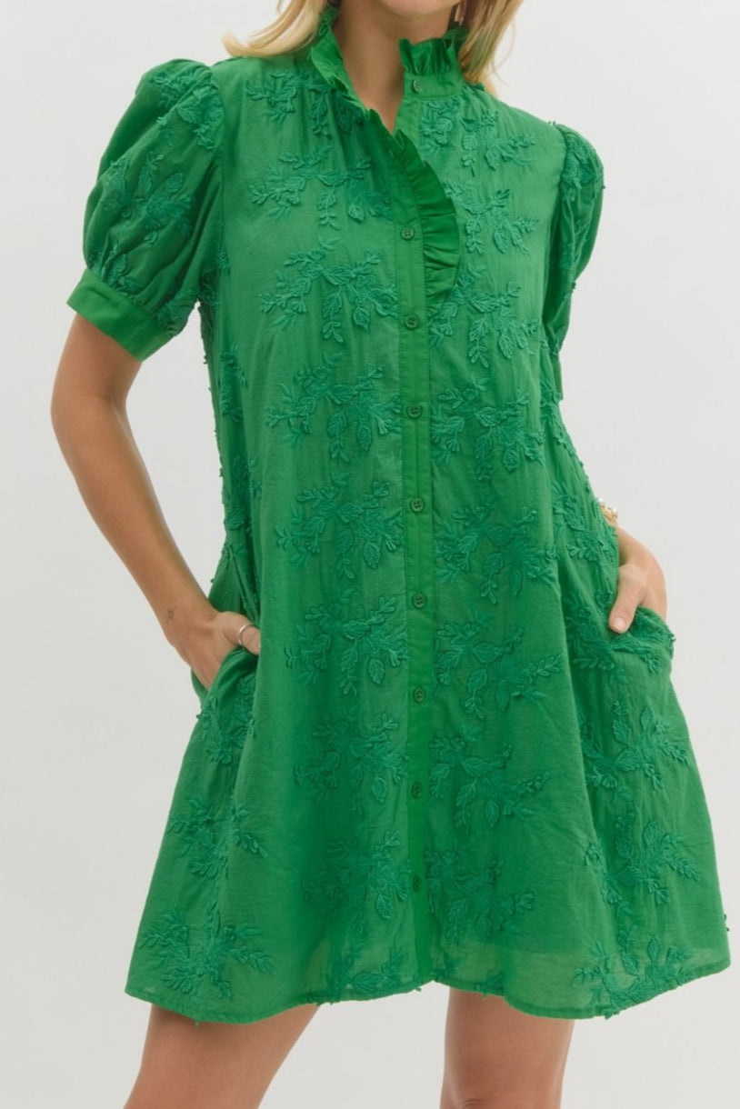 Green Floral Applique Mini Dress