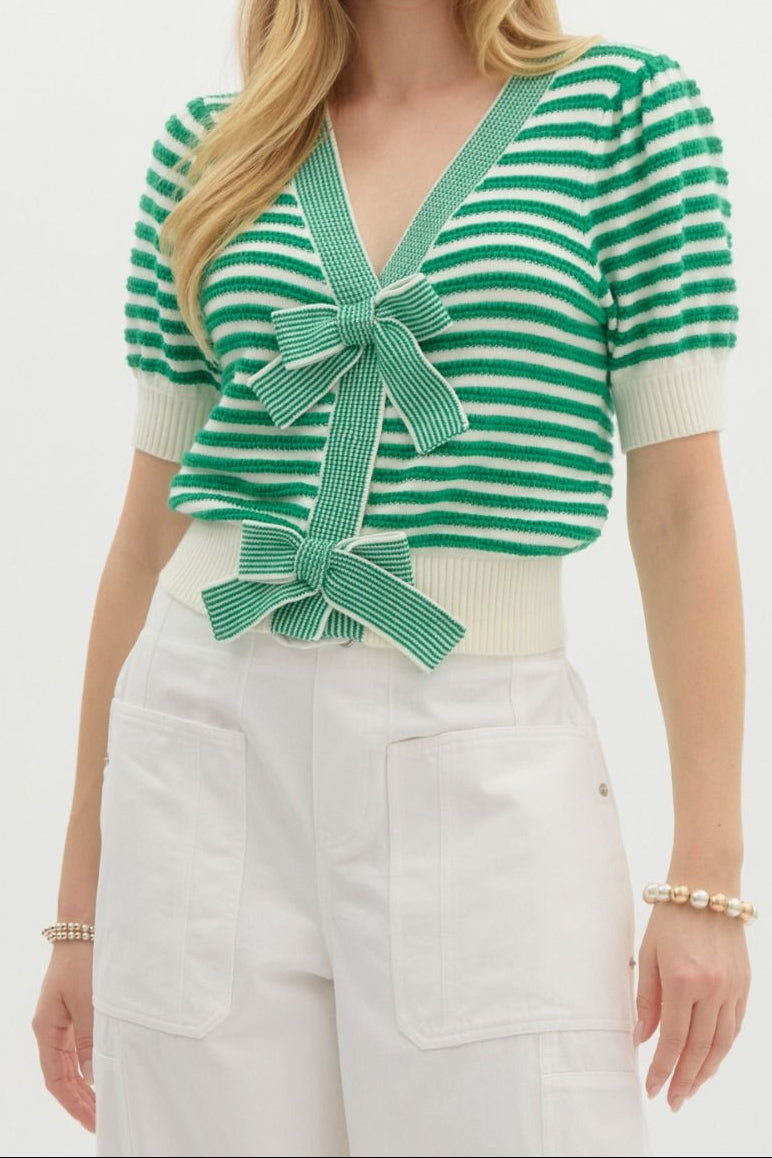 Green Striped Bow Front Cardigan