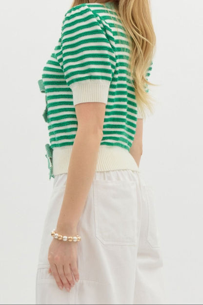 Green Striped Bow Front Cardigan