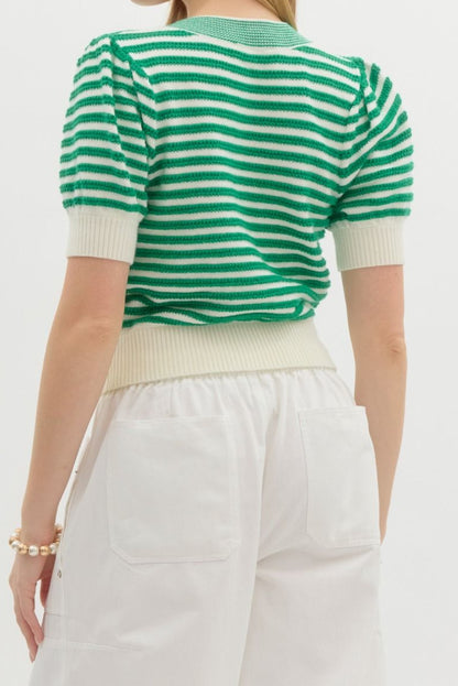 Green Striped Bow Front Cardigan