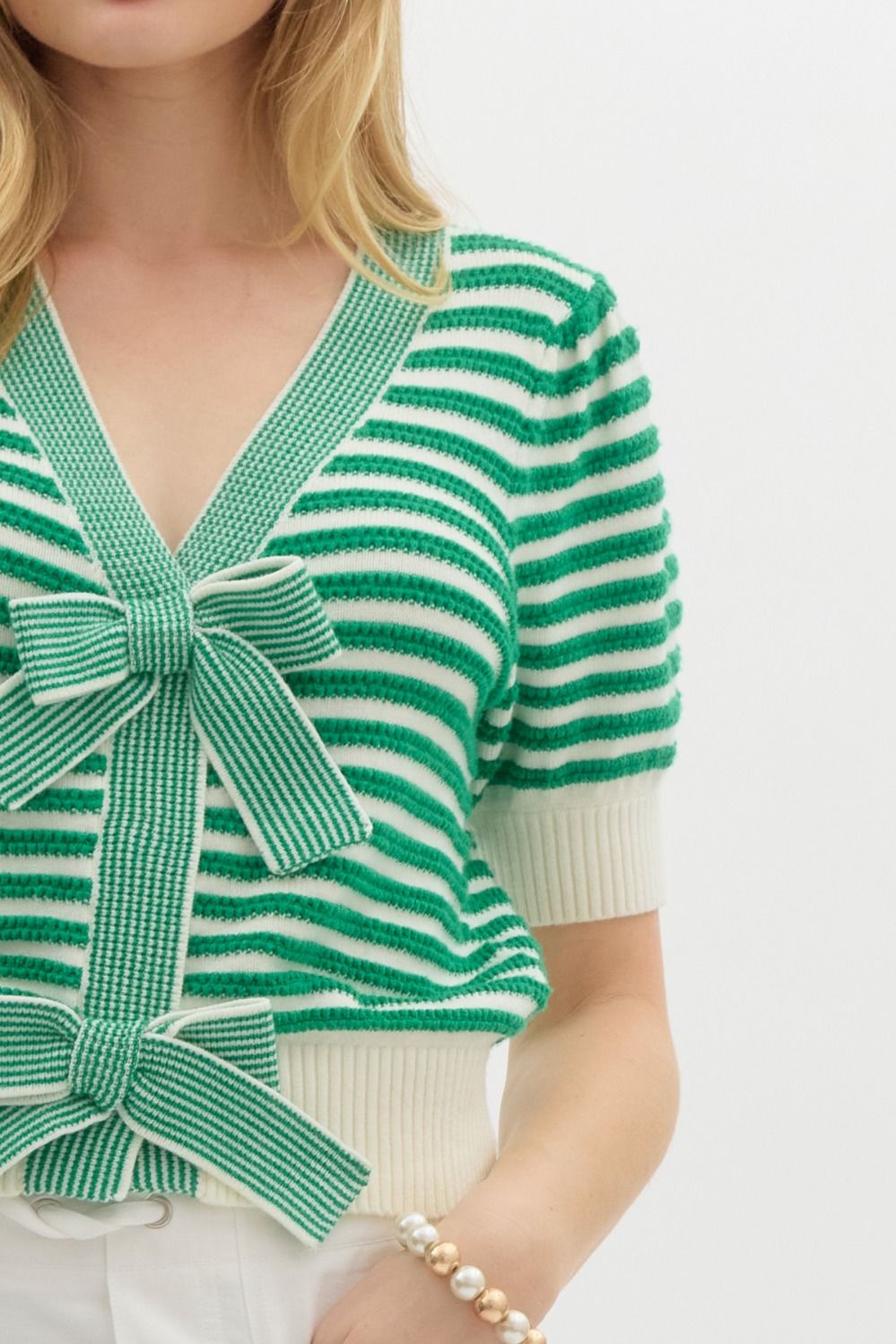 Green Striped Bow Front Cardigan