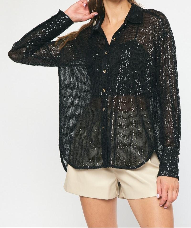 Black Sequin Button Down