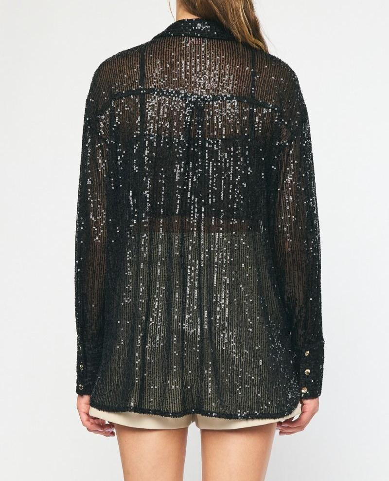 Black Sequin Button Down