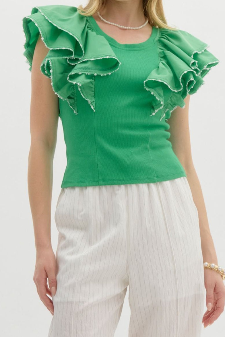 Green Ruffle Sleeve Top