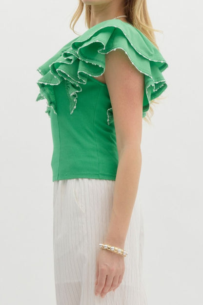 Green Ruffle Sleeve Top