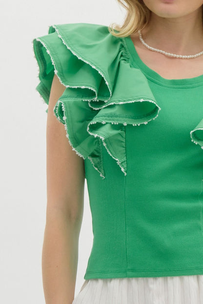 Green Ruffle Sleeve Top