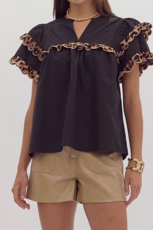 Black Top With Cheetah Print Detail