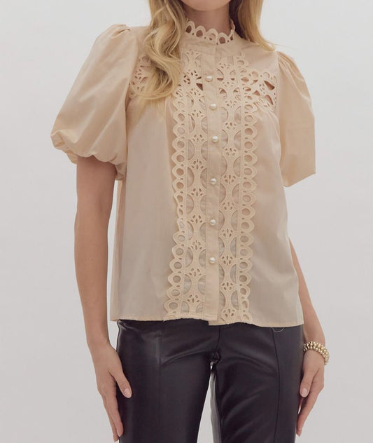 Ecru Short Sleeve Top With Pearl Buttons