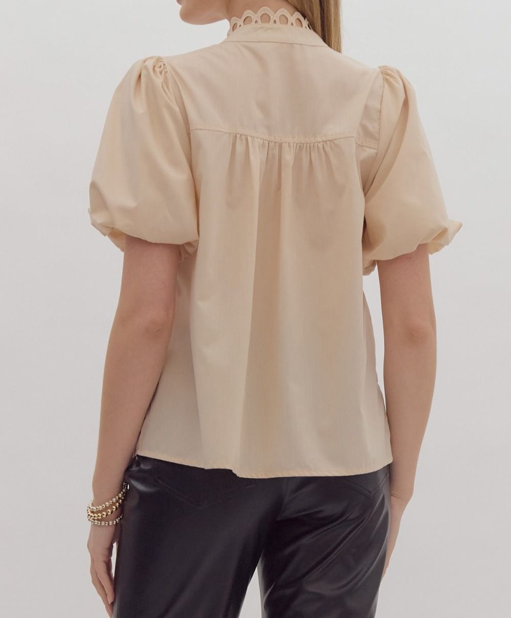 Ecru Short Sleeve Top With Pearl Buttons