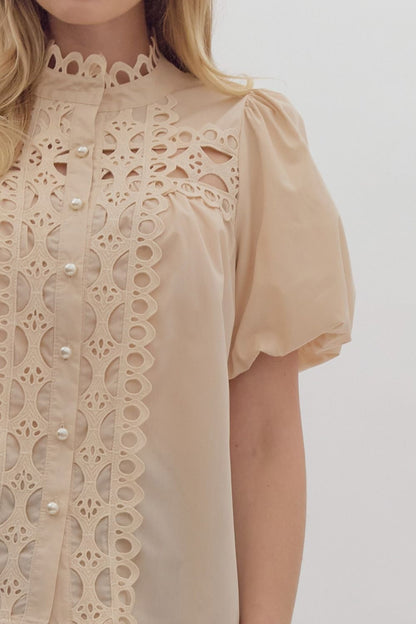 Ecru Short Sleeve Top With Pearl Buttons