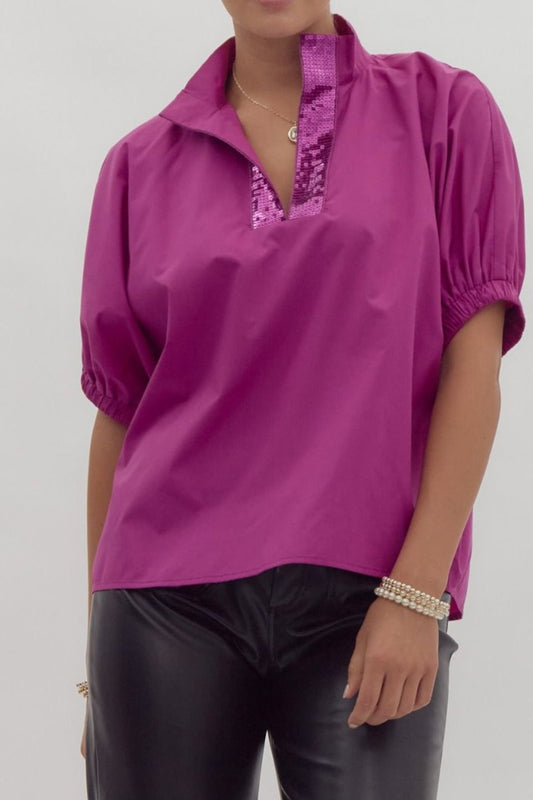 Solid Top With Sequin Neckline